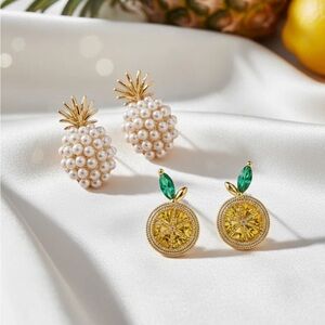 Pearl Pineapple & Gold Citrus Stud Earring Set with Green Accents